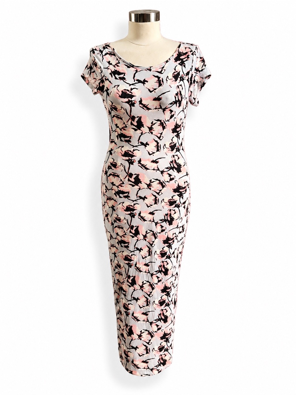 UK2LA Pink Floral Bodycon Midi Dress Low Back Stretch Size Large